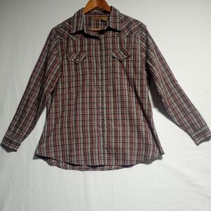 Wrangler Woman's Pearl Snap Button Up Long Sleeve Pink And Brown Plaid Size XL